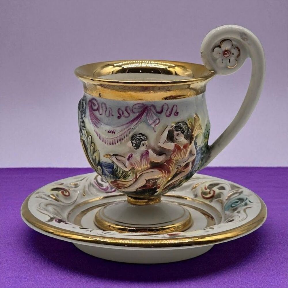 Capodimonte Italian Gilded Demitasse Tea Cup & Saucer Set Mermaid Cherubs Nymphs